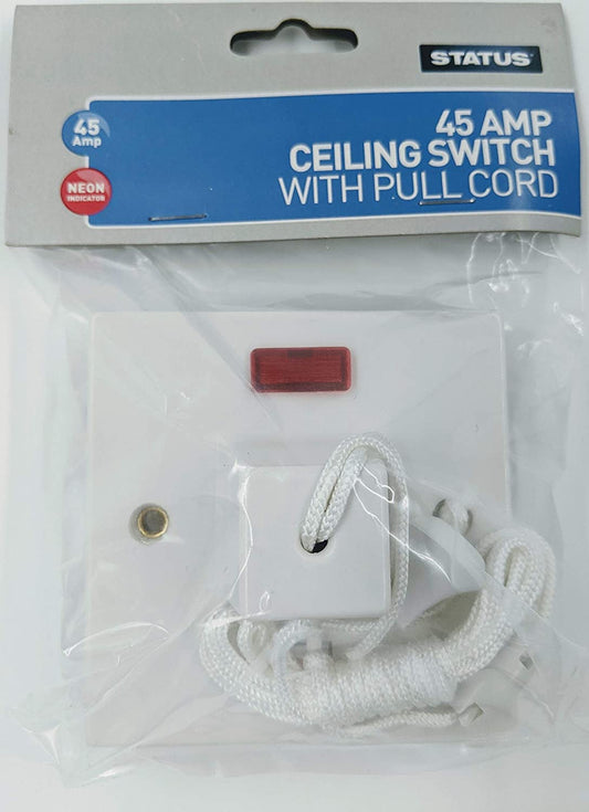 Electric Shower Ceiling Switch with Pull Cord 45 Amp Double Pole Isolator Isolation White Bathroom with Neon by Status