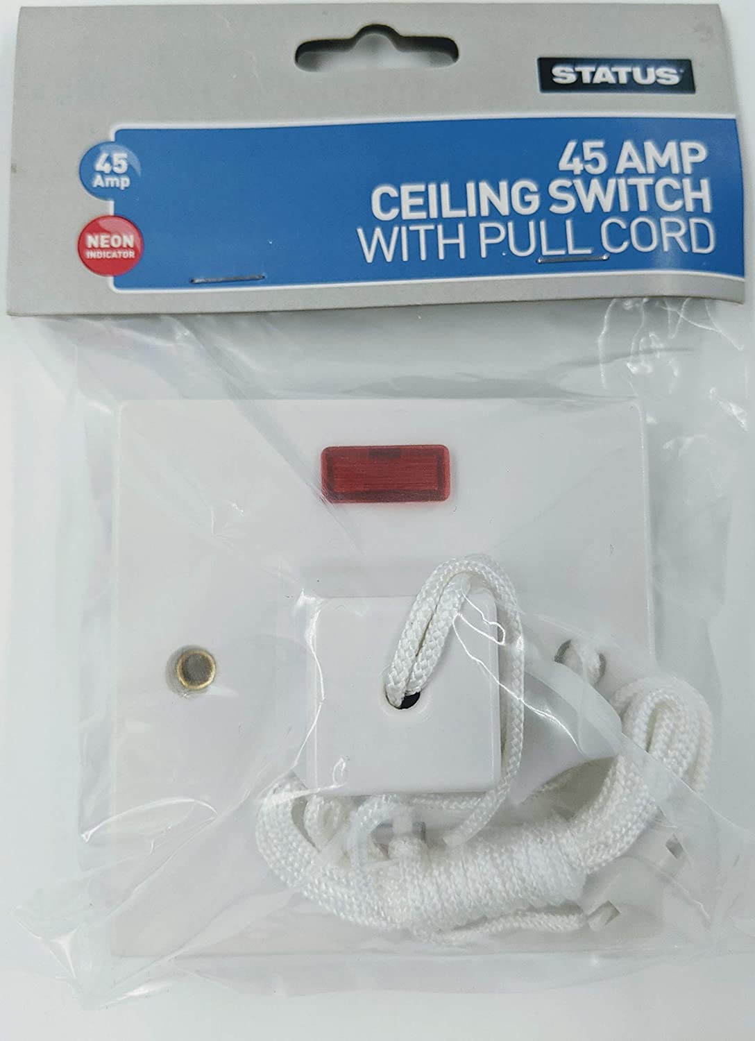 Electric Shower Ceiling Switch with Pull Cord 45 Amp Double Pole Isolator Isolation White Bathroom with Neon by Status