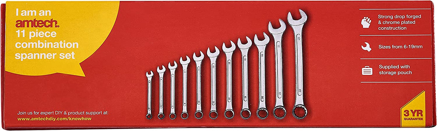 Amtech K0400 Combination Spanner Set, Drop Forged and Chrome Plated Spanners, 6mm to 19mm